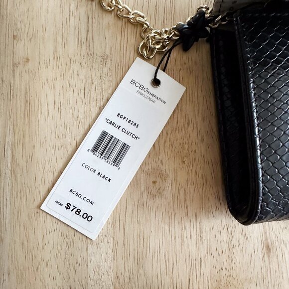 NWT BCBGeneration Black Carlie Clutch Purse Small Formal Snake Print Gold Chain - Picture 8 of 10